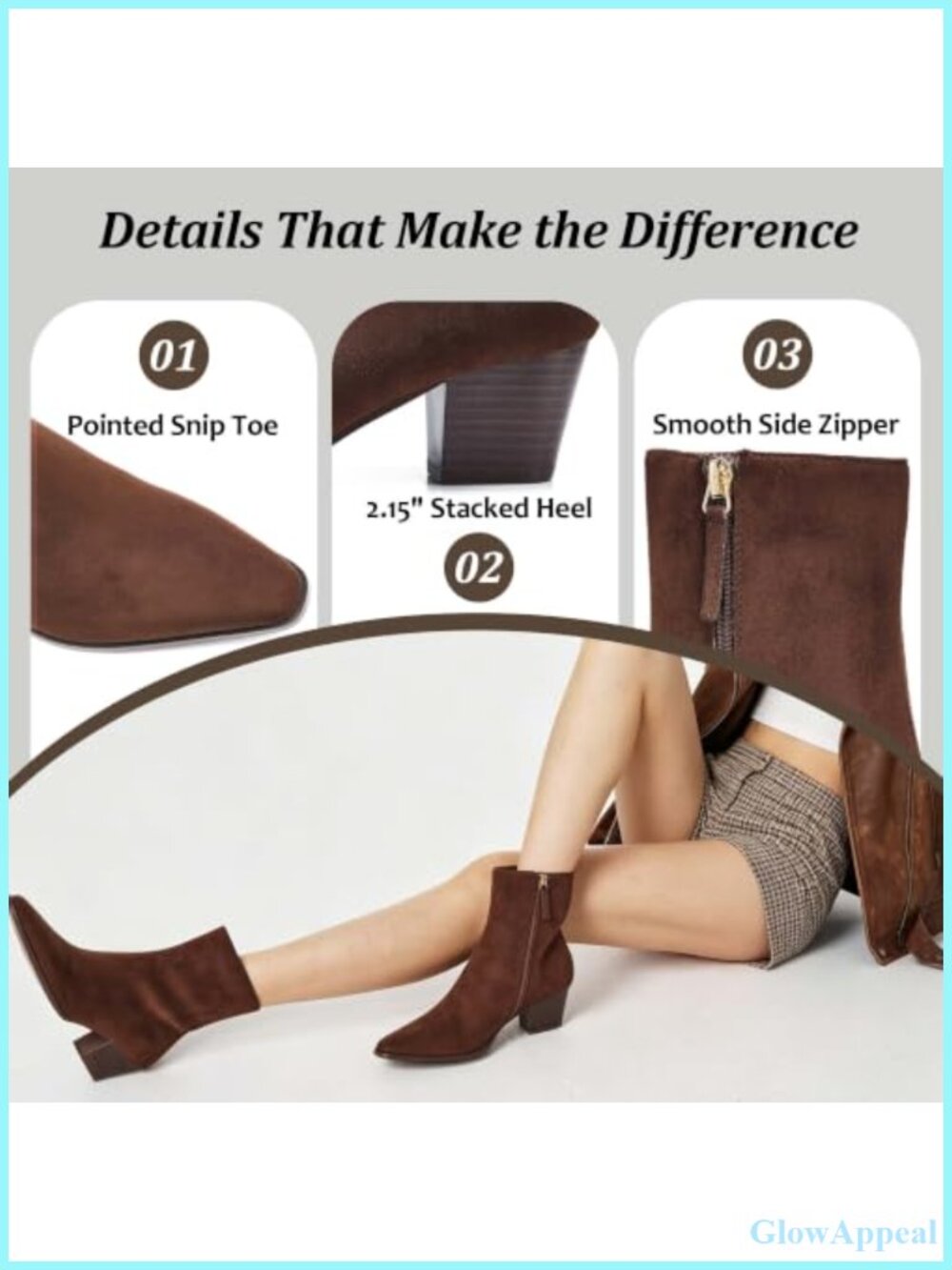 GENSHUO Women's Pointed Snip Toe Ankle Boots 2.15 Inch Chunky Stacked Heel Side - Picture 4 of 6